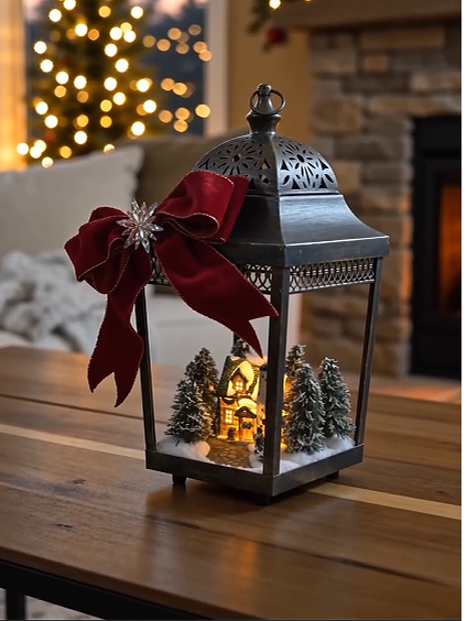 Decorative Christmas lantern with miniature winter village scene and red velvet bow on a wooden table.