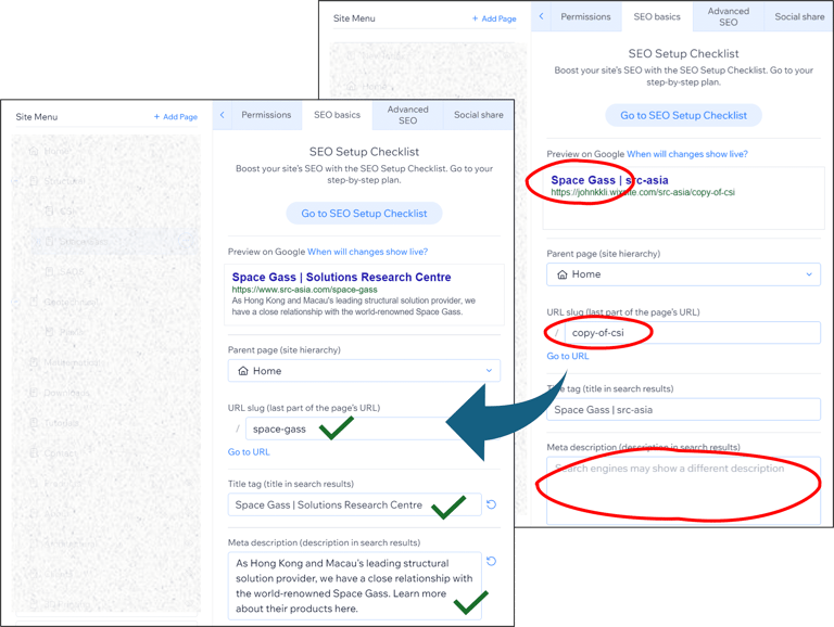 Screenshots of old and new SRC's SEO settings for Space Gass page