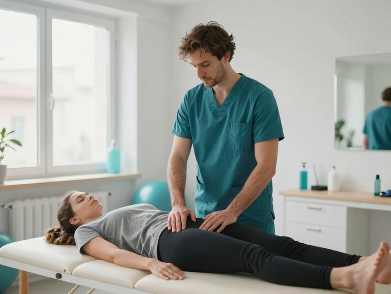 A Southern European physiotherapist working with a patient on a stretching routine in a bright, modern clinic in Palmanova, focusing on professional interaction and calm surroundings with teal accents.