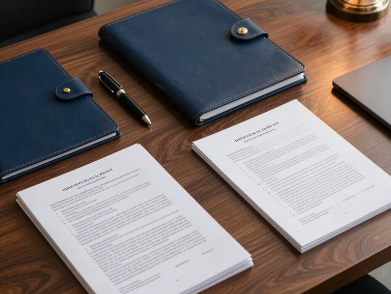 Top-down professional photograph of an organized mahogany desk in a Brazilian law firm. Features a leather-bound folder, a high-quality pen, and neatly arranged legal documents. The color palette includes deep navy blue and gold details, illuminated by warm, focused desk lighting.