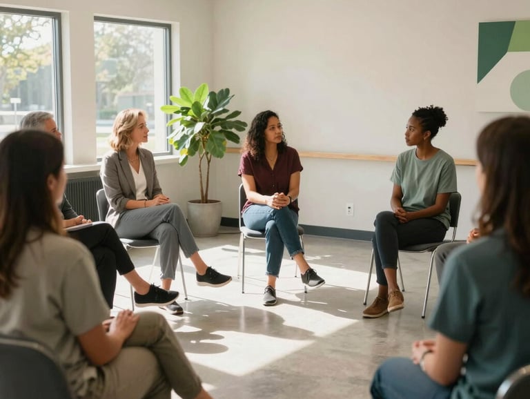A diverse group of individuals engaged in a wellness discussion in a sun-drenched, professional community room. The decor is modern and clean, with off-white walls and green accents. North American / Michigan US.