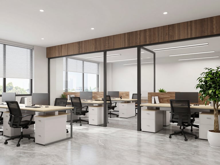 Modern open-plan office space with sleek wood furnishings and ambient lighting.