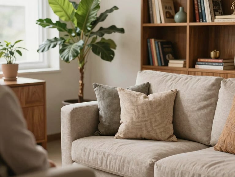 A comforting, light-filled psychological consultation office with Global South Asian / Indian design accents. A lush indoor plant, comfortable organic textiles on a sofa, a warm wooden bookcase, reassuring clinical setting.