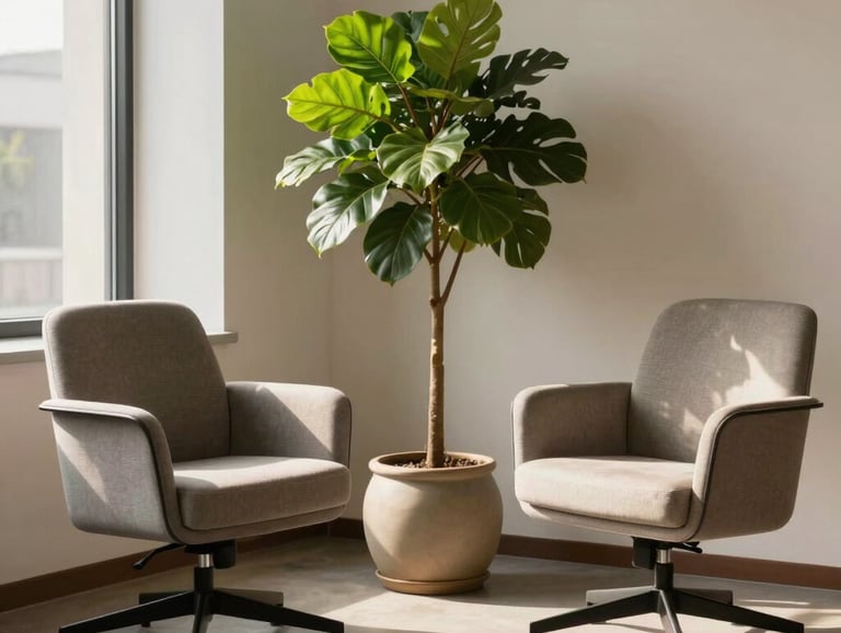 A peaceful professional office interior in a Latin American style, with two comfortable modern chairs facing each other, a green plant in a ceramic pot, and soft warm sunlight.