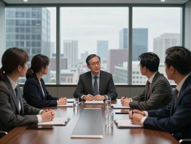 Photography of a strategic planning meeting in a North American boardroom with glass walls overlooking a cityscape, emphasizing authority and purpose.