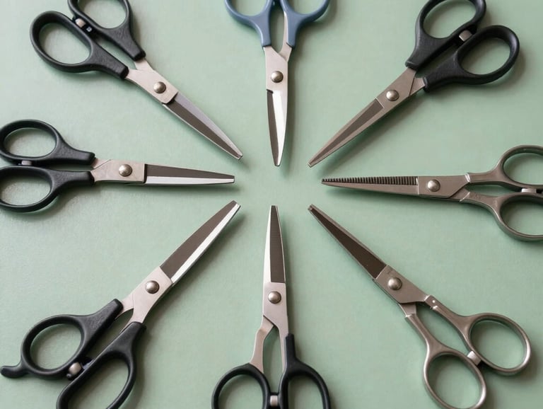 An overhead flat lay photograph of various specialized scissors arranged neatly on a muted green surface. Includes fabric shears, hair styling scissors, and precision craft tools. The setting is a bright, modern North American / US workshop with clean, even lighting.