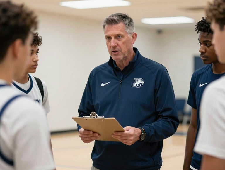 A crisp photograph of a collegiate coach wearing a professional navy blue team jacket, holding a clipboard and talking to student-athletes in a bright arena hallway, North American / US Southern setting.