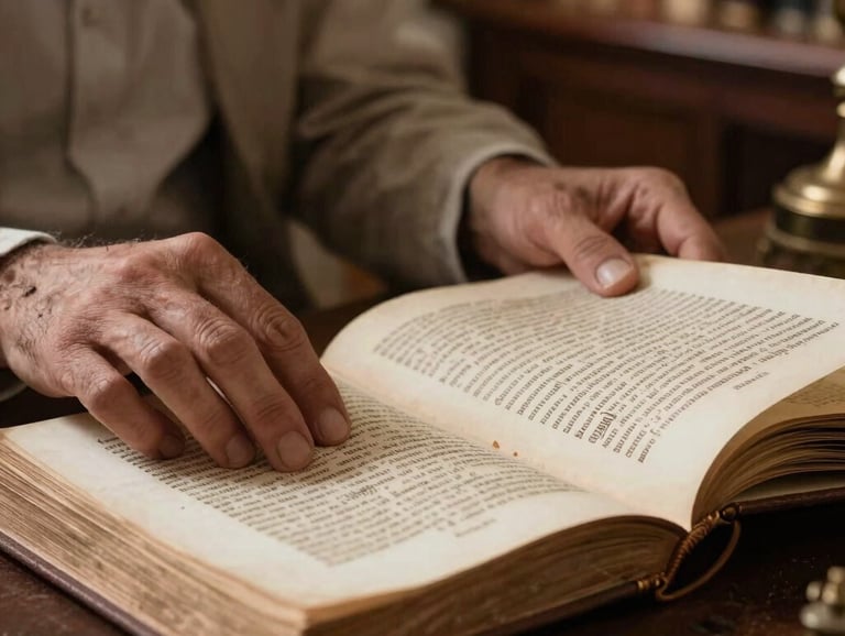 Close-up photography of a person's hands delicately turning the pages of an antique art manuscript. The setting is a warm, sunlit study in a South American estate. Soft focus background with tones of taupe and dark brown.