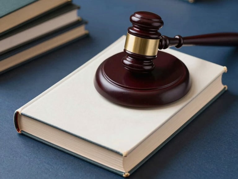 A collection of legal law books with a wooden gavel on a dark blue surface, sophisticated lighting, professional atmosphere.