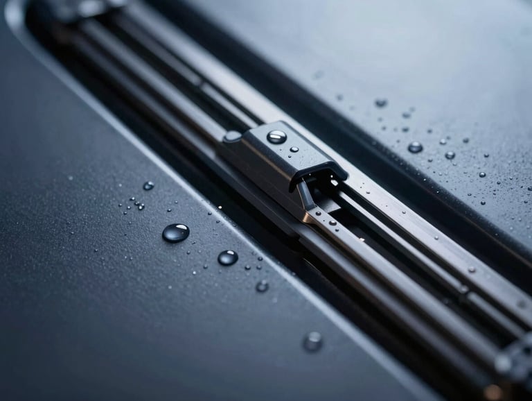 Close-up of an aerodynamic wiper blade, water droplets beaded on a sleek dark metallic surface, dramatic cool studio rim lighting, macro lens