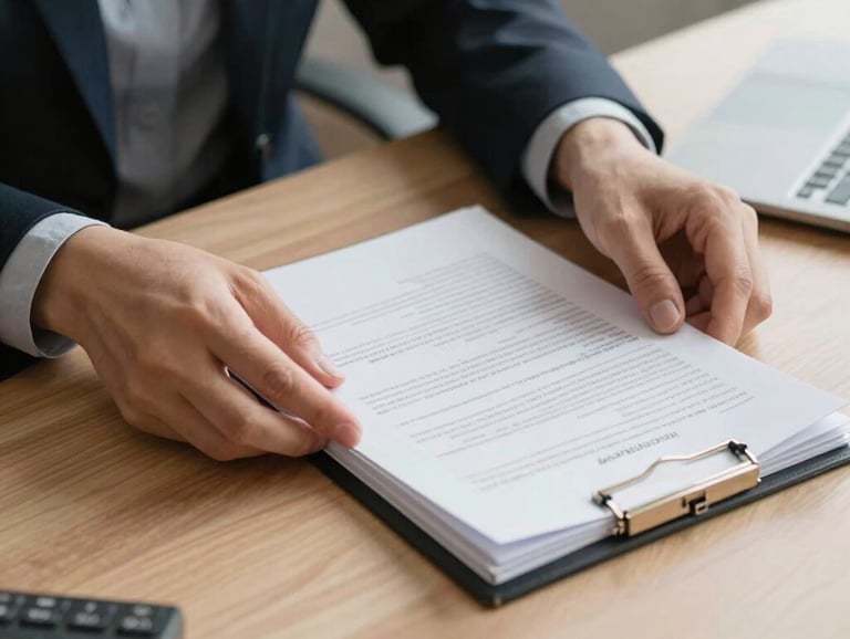 A focused, professional photography shot of hands neatly organizing physical documents on a light wood desk in a North American office. The atmosphere is quiet and methodical, featuring a muted color palette of navy, slate grey, and white.