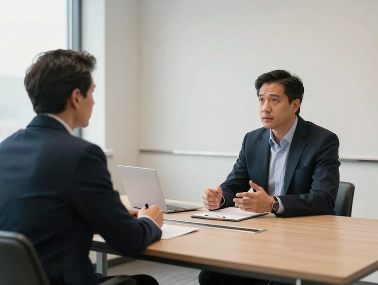 A professional and clean interior shot of a modern North American / US conference room where two individuals are engaged in a serious mentorship discussion, soft natural light, professional attire, steel blue and off-white color palette.
