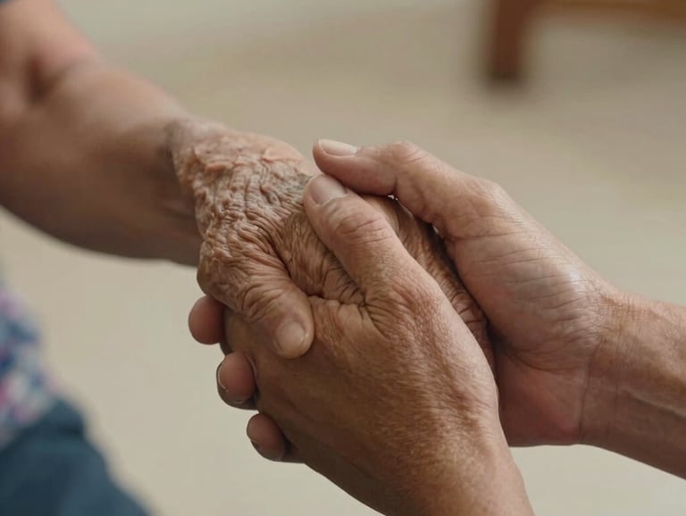 A heart-warming, close-up shot of two hands joined together, a younger volunteer hand and an elderly patient hand, capturing a moment of South American compassion, warm indoor lighting.