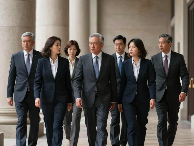 A group of professional legal experts in formal business attire walking through a hall with large stone columns, discussing matters of law, serious and determined expressions, North American / US.