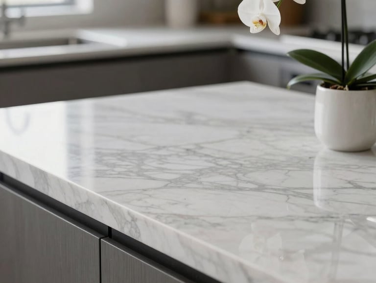 Elegant minimalist interior with soft navy and silver accents reflecting cleanliness and luxury.