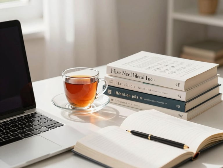A beautiful, bright desk setup in an Anatolian home with a laptop, a cup of tea, and neatly stacked math books, warm and encouraging light.