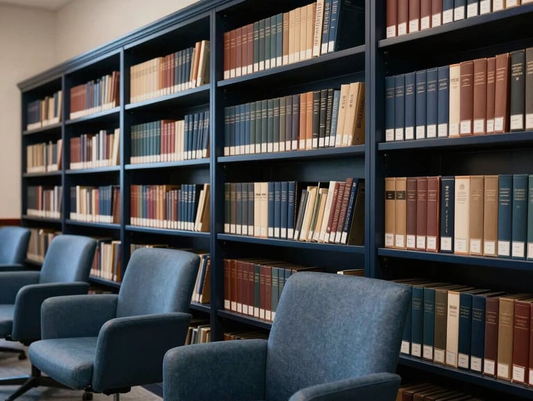 Photography of a high-end corporate library with dark navy shelves and slate blue chairs, representing precision, wisdom, and the depth of professional research in a global business context.