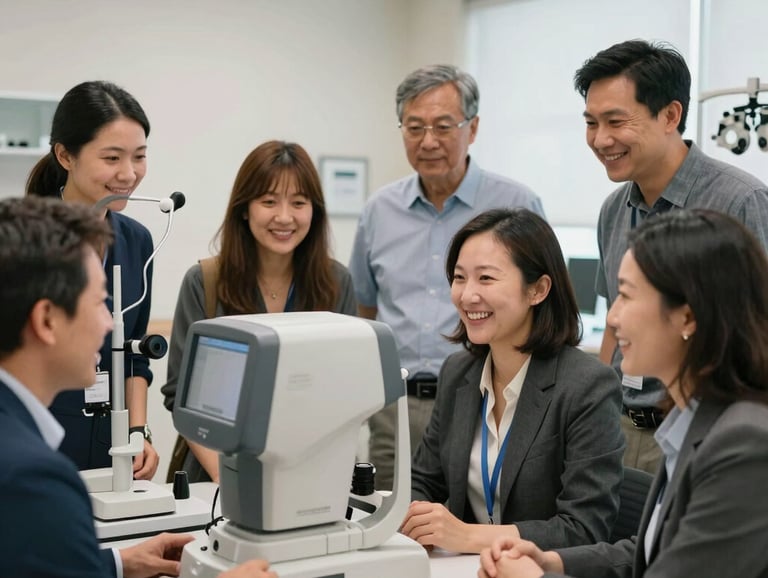 A diverse group of North American opticians, male and female, in a modern, brightly lit optometry office in Indiana. They are professionally dressed, smiling, and engaged in a collaborative discussion while looking at digital eye-testing equipment. The composition is dynamic, showing collaboration and advanced technology in the optical field. Soft, natural light illuminates the scene, highlighting their professionalism and commitment to eye care. The setting evokes a sense of community and expertise within the Indiana optical profession.