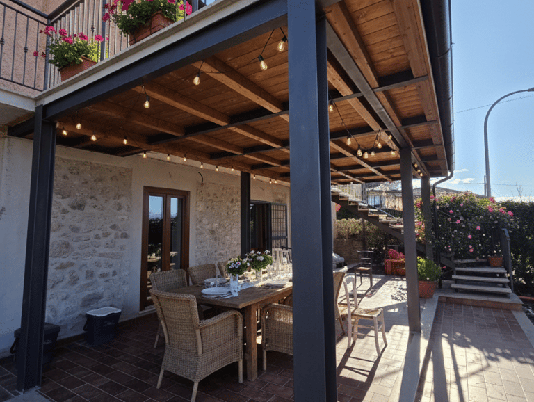 Area pranzo all’aperto coperta di Volo Libero Guest House, spazio conviviale immerso nella natura della Valle Reatina