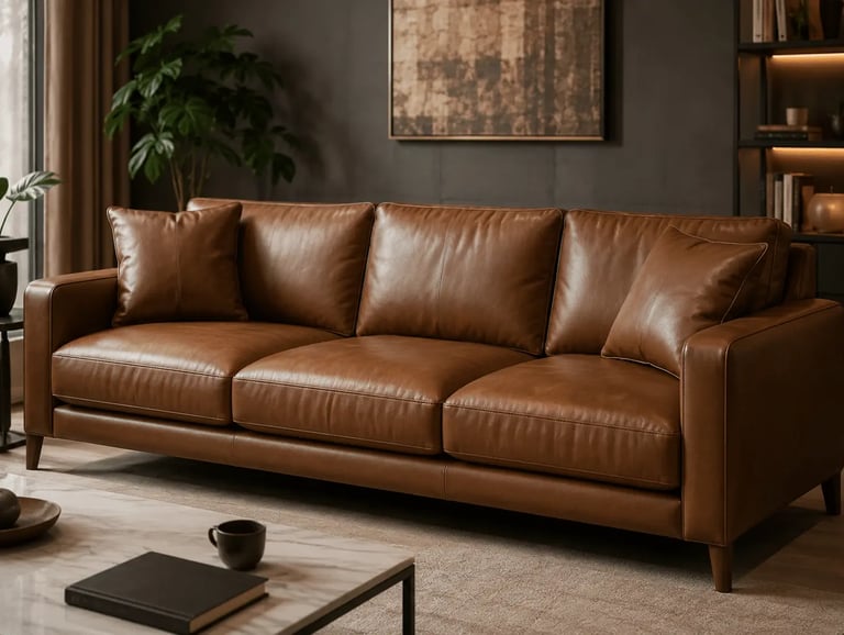 Modern brown leather sofa in a luxury living room with minimalist decor and marble coffee table.
