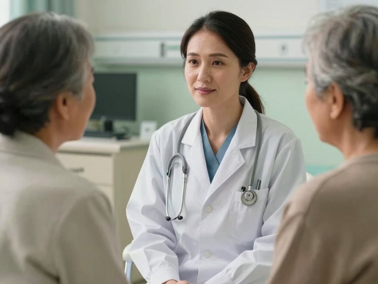 A photography scene of a Southeast Asian female doctor talking kindly to an elderly patient in a modern, clean medical consultation room with soft green and off-white colors.
