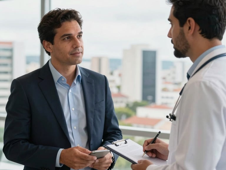 A South American business consultant in a professional dark navy suit talking with a healthcare director in a bright, modern office overlooking a Brazilian city. Commercial photography style, sharp focus.