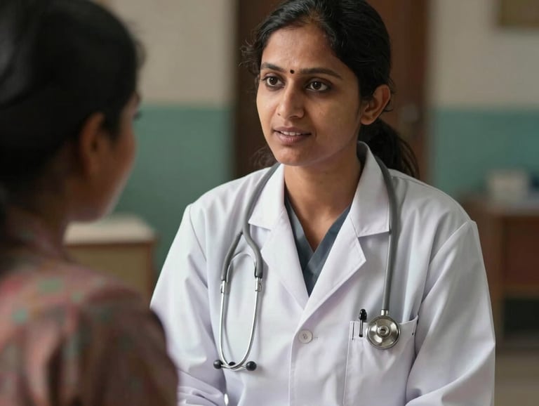 A candid photograph of a South Asian woman physician in a clean white coat talking kindly with a patient in a rural setting, soft light.