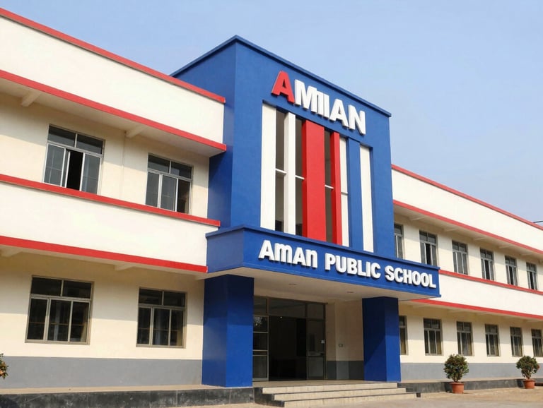 A bright, wide-angle photograph of the Aman Public School building exterior in Gajraula, India. The architecture is modern and professional, with clear signage in a royal blue and red palette.
