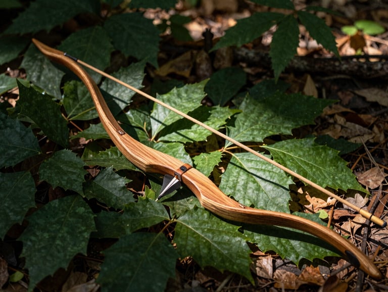 Detail of a handmade wooden bow and arrow resting on deep green leaves in a forest floor, dappled sunlight, warm editorial photography