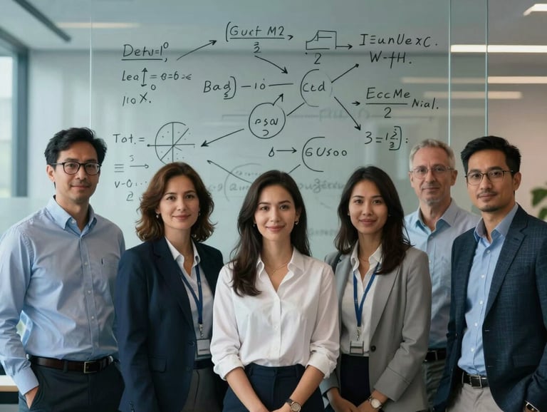 A professional portrait of an diverse team of researchers in a sleek North American office, standing in front of a glass wall with written strategic formulas, soft blue and dark slate lighting.