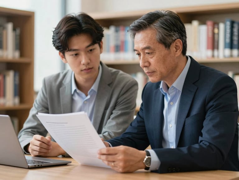 A candid, high-quality photograph of a professional mentor and a young adult reviewing documents in a bright, clean library setting in the US. The scene reflects compassionate professionalism and a legacy of knowledge access.