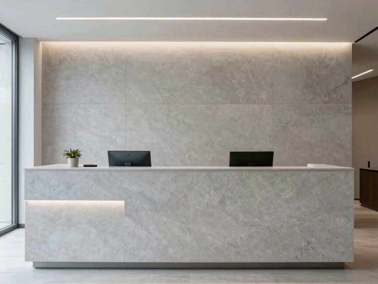 Interior of a modern and minimalist law firm reception in Italy, featuring clean lines, light gray stone surfaces, and professional lighting, European style.