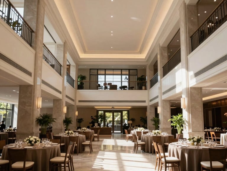 Professional photography of a wide, sunlit foyer in a contemporary Brazilian event venue, with high ceilings and elegant architectural lines, focused on organization and flow.
