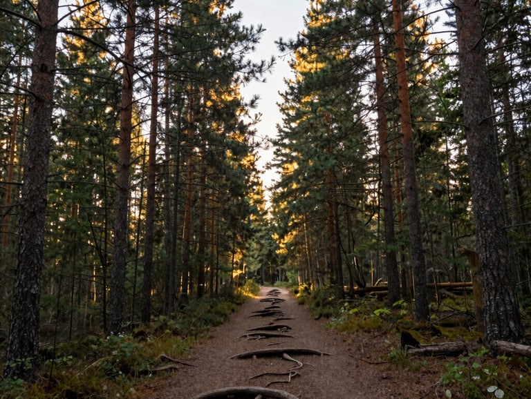A serene, wide-angle landscape of a Canadian woodland during the golden hour. Tall pines stand tall with light breaking through their branches, illuminating a path of soft earth and roots. The style is respectful of nature's dignity and calm.