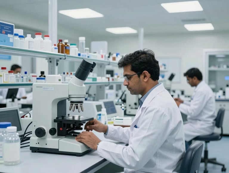 A wide shot of a modern pharmaceutical laboratory in India, South Asian scientists in white coats using high-precision equipment, bright and clinical lighting, emphasizing innovation and hygiene.