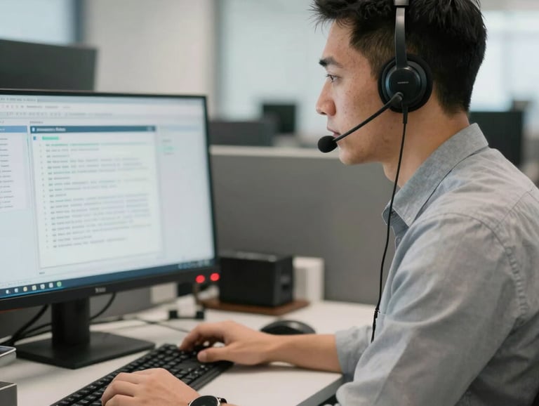 A professional dispatcher wearing a headset in a brightly lit North American office, looking at a dual-monitor setup showing logistics software. Sharp focus, professional business casual attire.