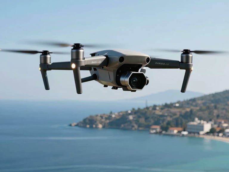 An action shot of a high-end cinema drone flying over the turquoise coast of Bodrum, clear blue sky, professional equipment showcased in a clean, minimal composition.