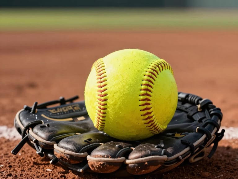 Close-up photography of a yellow softball resting on a leather glove atop the red clay of a pitcher's mound, soft afternoon sunlight, North American / US park setting.