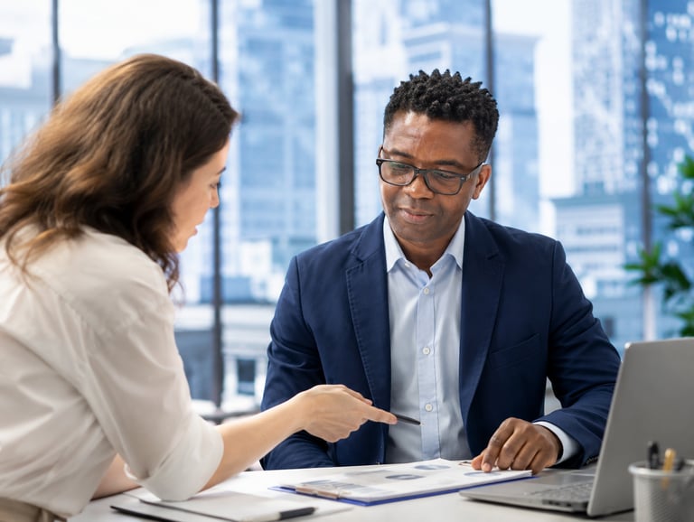 Professional business consultant reviewing financial data with a client in a modern high-rise office.