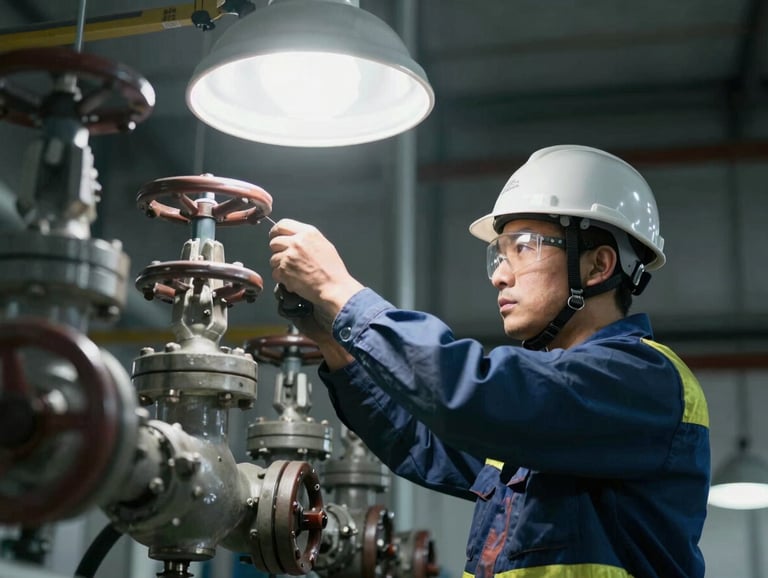 High-contrast shot of an energy sector worker in a hardhat adjusting valves, sharp overhead lighting, cool desaturated tones