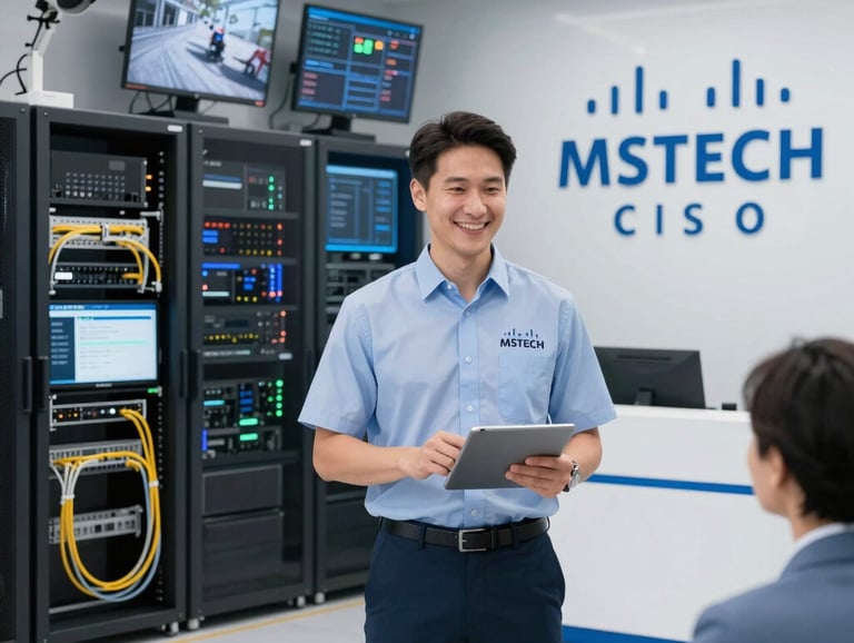 Symmetrical wide environmental shot of a modern enterprise data center, clean server racks with glowing blue indicators, cool-toned corporate technology photography, sharp electric blue accent lighting, clean dark background
