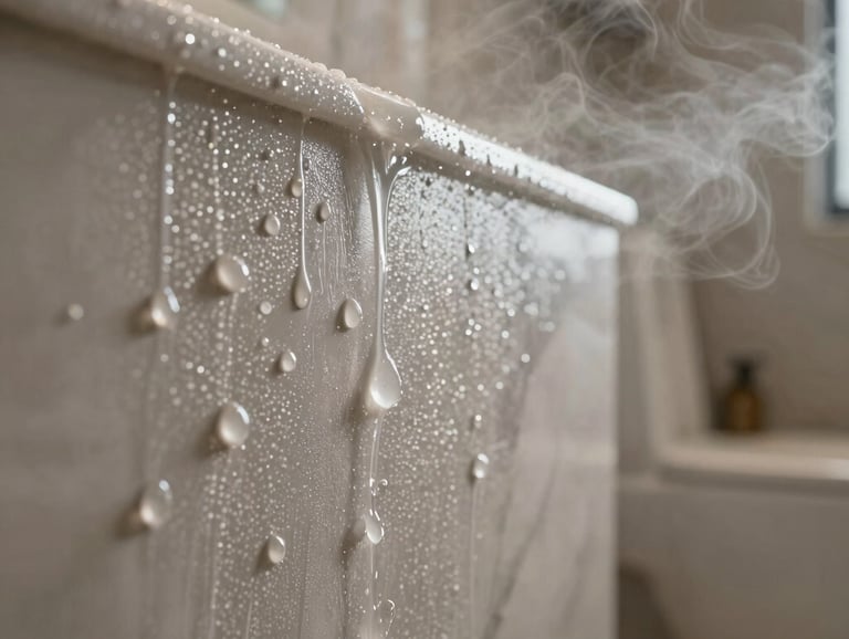 Luxury bathroom details with water droplets beautifully rolling off a high-quality water-resistant material, highlighting moisture and bathroom steam resistance in an Iraqi luxury home style.