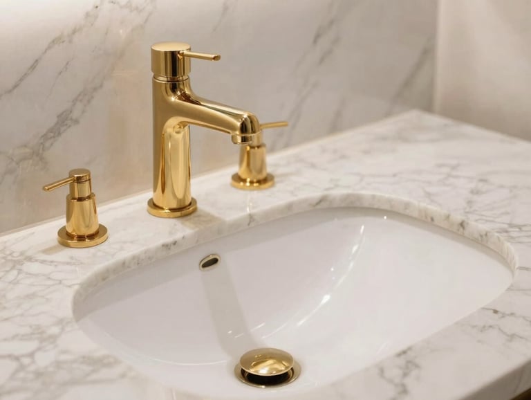 A close-up shot of an elegant marble countertop washbasin with gold-trimmed edges and a sleek premium gold faucet in a luxury bathroom, Middle Eastern style, bright and clean composition, professional interior photography.