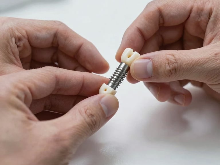 Close-up photography of professional hands holding a biocompatible ceramic dental implant over a clean, white surface. Soft natural lighting, Italian professional setting.