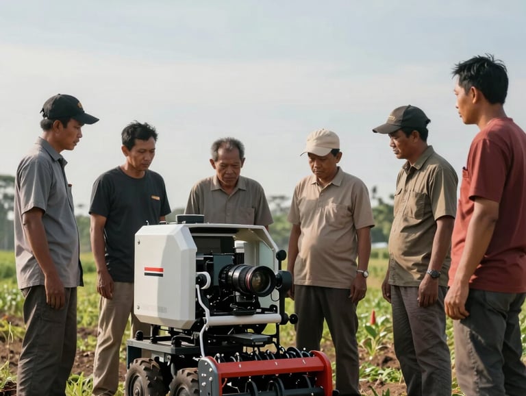A group of Southeast Asian / Indonesian farmers in a field inspecting a new piece of modern agricultural machinery, professional and sunny atmosphere.