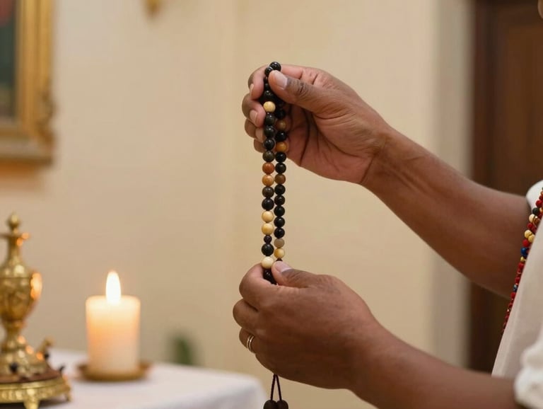 A respectful South American practitioner's hands holding a traditional string of beads over an altar. Warm candlelight in a room with cream walls and golden accents.