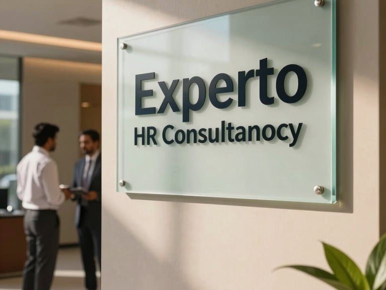 Professional corporate office lobby with a sleek glass signage plaque reading Experto HR Consultancy in an upscale commercial park in Ghaziabad, warm natural lighting, modern South Asian / Indian business professionals.