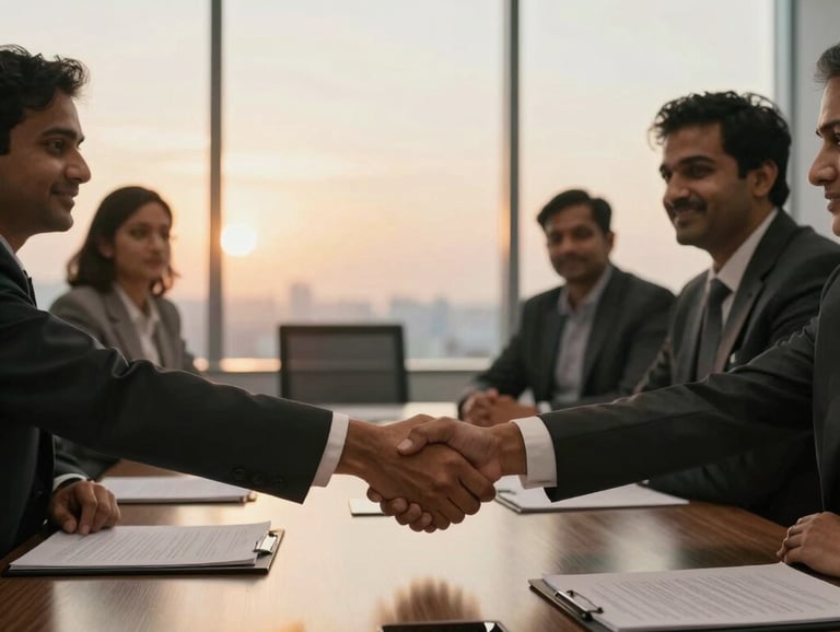 Close-up of a modern corporate boardroom meeting in Gurgaon, handshakes over a major contract, professional corporate atmosphere, South Asian / Indian business partners, warm sunset light through windows.