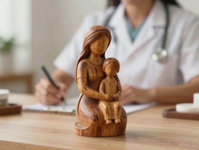 A close-up photograph of a small wooden sculpture or natural object representing motherhood on a desk, with a blurred South American Brazilian therapist in the background. Soft focus, warm light.