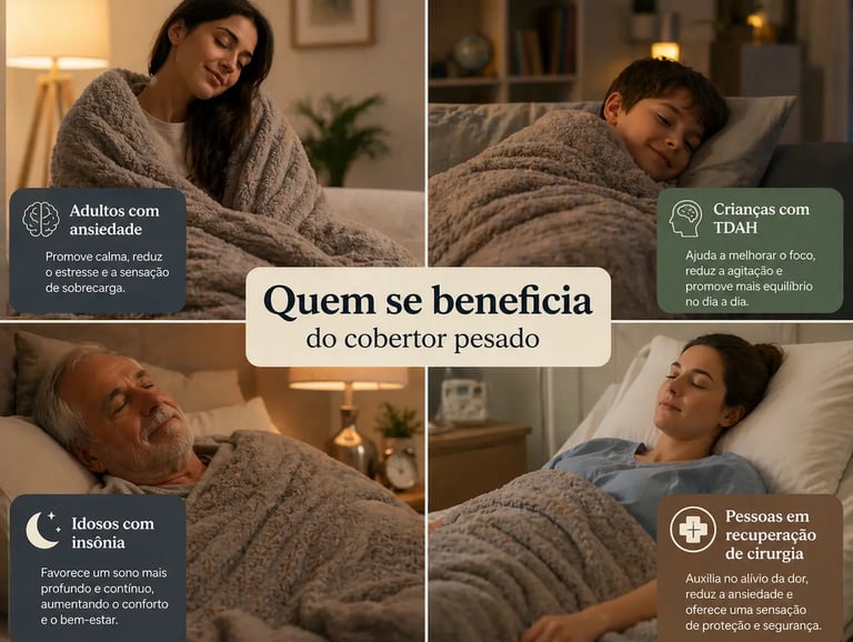 Four people using a plush weighted blanket for anxiety, ADHD, insomnia, and surgery recovery.
